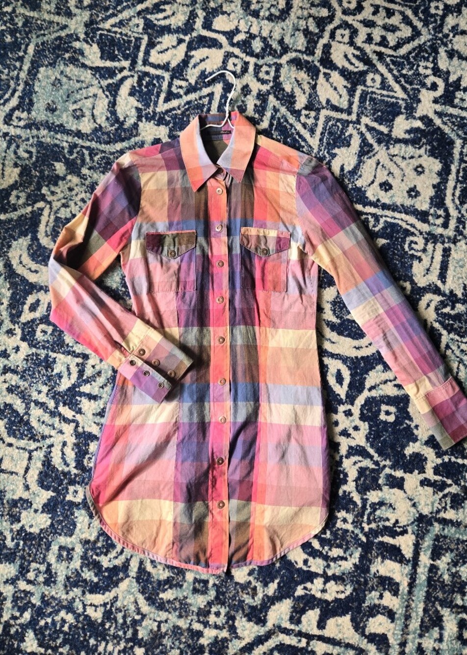 Vintage Rainbow Plaid Button-Up Top Small